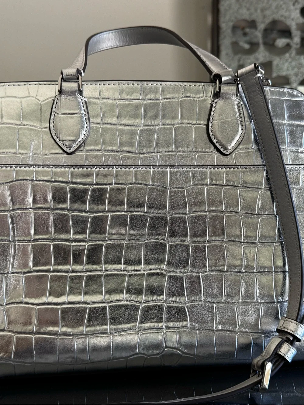 Kate Spade Metallic Silver Croc-Embossed Crossbody Bag